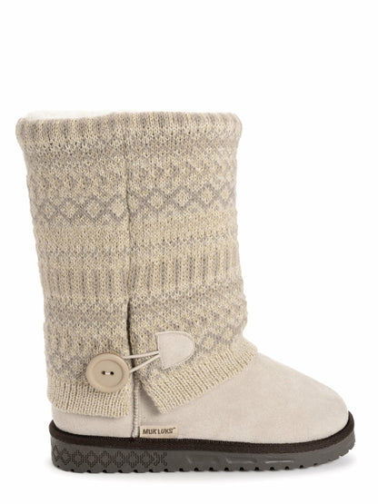 MUK LUKS Womens Janie Knit Cuff Mid-Calf Boot Pull-On Stone Lurex Print Size 7M