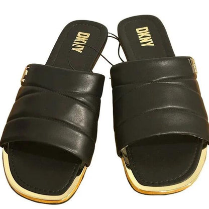DKNY Logo Flat Slides Womens Accents Square Toe Faux Leather Black Gold Size 8.5