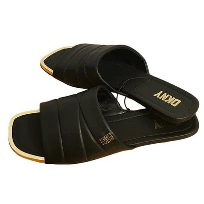DKNY Logo Flat Slides Womens Accents Square Toe Faux Leather Black Gold Size 8.5