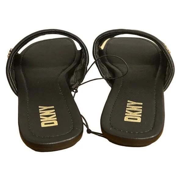 DKNY Logo Flat Slides Womens Accents Square Toe Faux Leather Black Gold Size 8.5