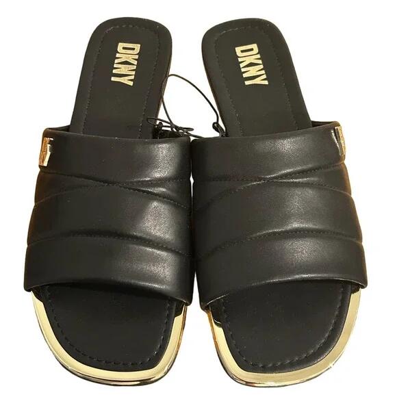 DKNY Logo Flat Slides Womens Accents Square Toe Faux Leather Black Gold Size 8.5