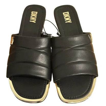 DKNY Logo Flat Slides Womens Accents Square Toe Faux Leather Black Gold Size 8.5