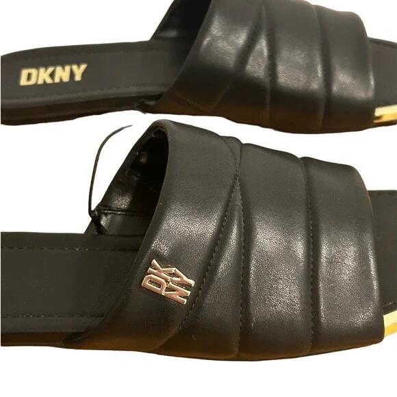 DKNY Logo Flat Slides Womens Accents Square Toe Faux Leather Black Gold Size 8.5