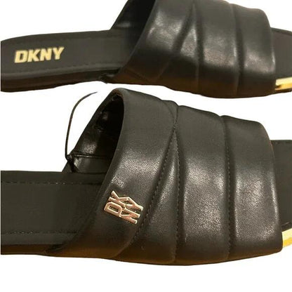 DKNY Logo Flat Slides Womens Accents Square Toe Faux Leather Black Gold Size 8.5