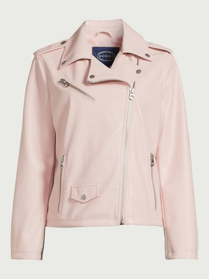 Scoop Womens Faux Leather Asymmetrical Zip Moto Jacket  Barely There Pink Size M