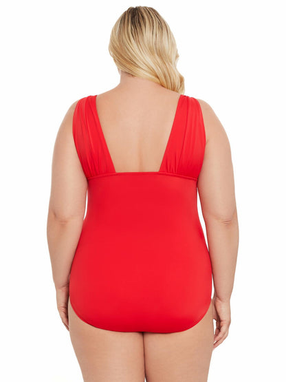 Time and Tru Womens Plunge V Neck One Piece Swimsuit Red Size M