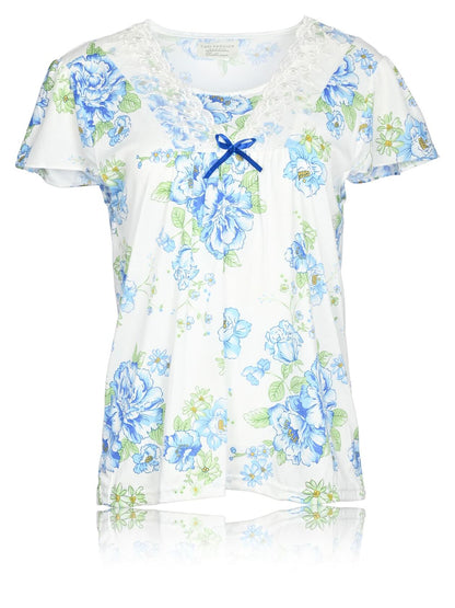 JEFFRICO Pajamas Set Sleepwear Sleepshirt With Capri Pants Blue Floral Size L