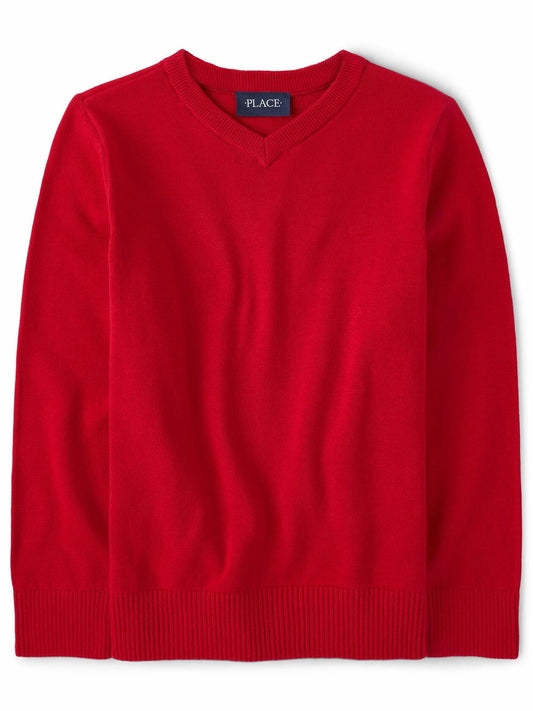 The Childrens Place Boys Long Sleeve Solid V-Neck Sweater Classic Red Size L