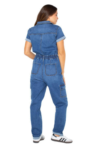 Celebrity Pink Juniors and Juniors Plus Cargo Boilersuit Medium Wash Size L