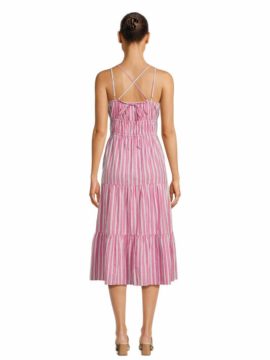 Time and Tru Womens Cross Back Dress with Tiered Skirt Smokin Hot Pink Size S