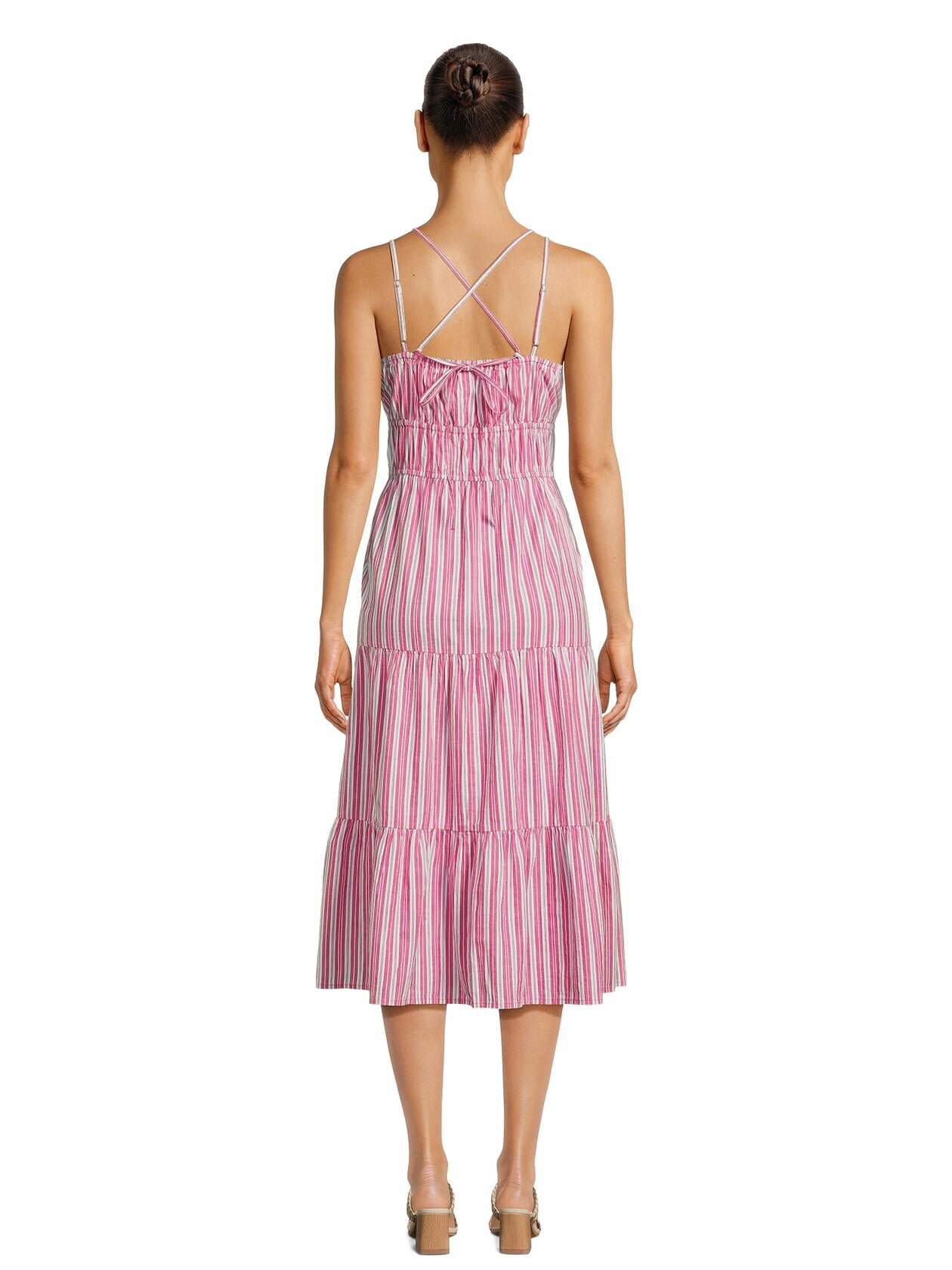 Time and Tru Womens Cross Back Dress with Tiered Skirt Smokin Hot Pink Size S