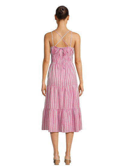 Time and Tru Womens Cross Back Dress with Tiered Skirt Smokin Hot Pink Size S