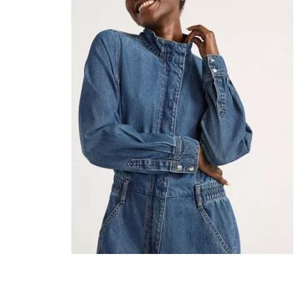 Scoop Womens Denim Jumpsuit Staright Leg Elastic Waist Med Wash Size XS