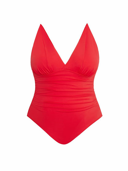 Time and Tru Womens Plunge V Neck One Piece Swimsuit Red Size M