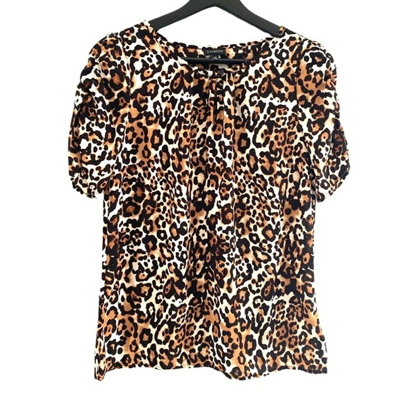 Talbots Blouse Womens Brown Black Leopard Woven Animal Print Notch Neck Size XS