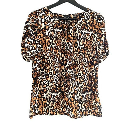 Talbots Blouse Womens Brown Black Leopard Woven Animal Print Notch Neck Size XS