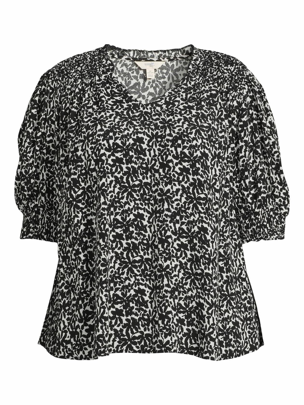 Terra & Sky Womens Plus Size Smocked V-Neck Blouse Floral/Black Size 3X(24W-26W)