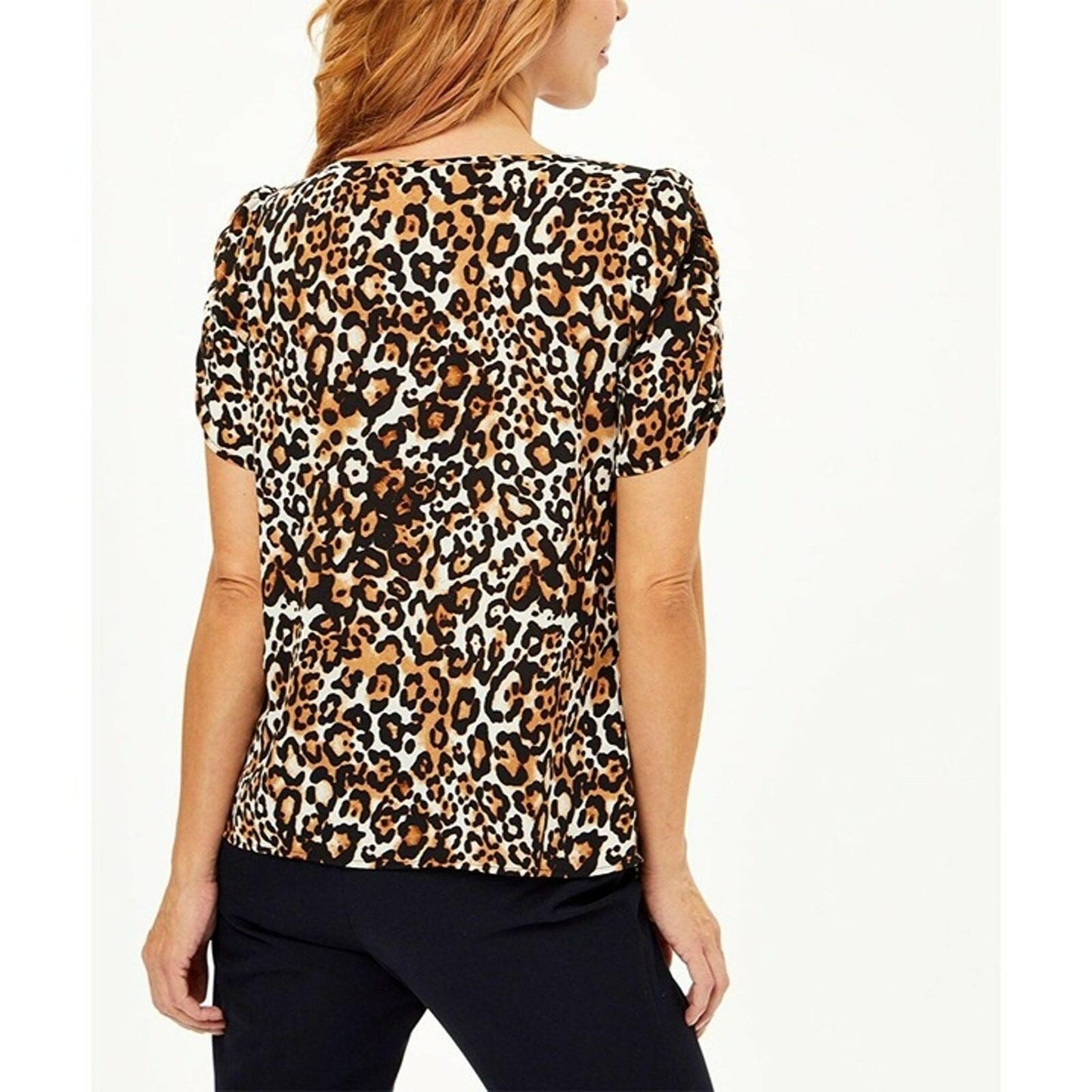 Talbots Blouse Womens Brown Black Leopard Woven Animal Print Notch Neck Size XS