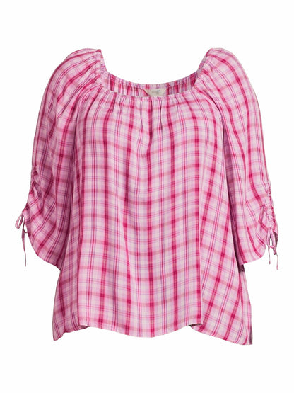 Terra & Sky Womens Square Neck Ruched Top Vibrant Plaid/Brilliant Red Size 2X