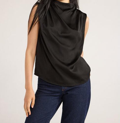 Scoop Womens Sleeveless Mock Neck Pleated Shoulder Blouse