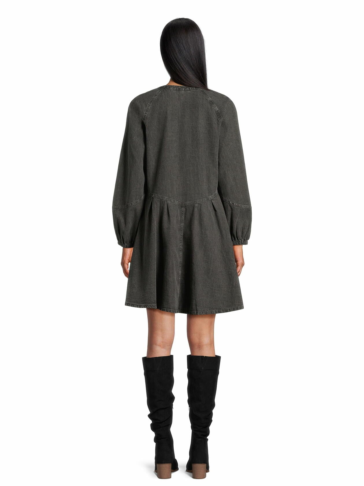 Time and Tru Womens Button Front Mini Dress Long Sleeves Black Denim Size XL