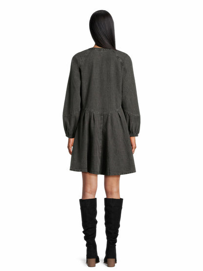 Time and Tru Womens Button Front Mini Dress Long Sleeves Black Denim Size XL