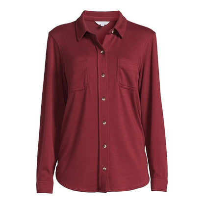 Time and Tru Women S Cozy Button Front Rich Red/Rustic plum  Size L (12-16)
