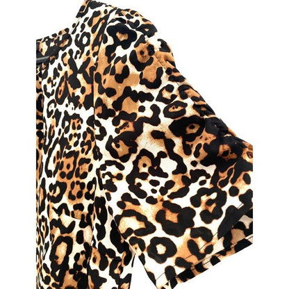 Talbots Blouse Womens Brown Black Leopard Woven Animal Print Notch Neck Size XS