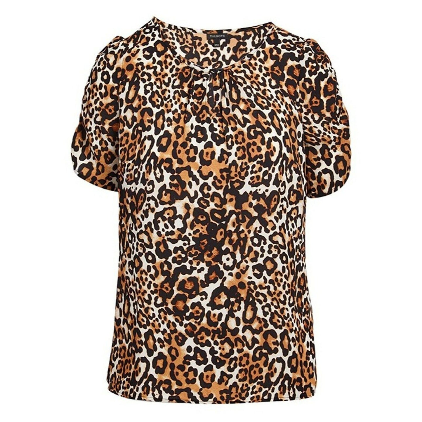 Talbots Blouse Womens Brown Black Leopard Woven Animal Print Notch Neck Size XS