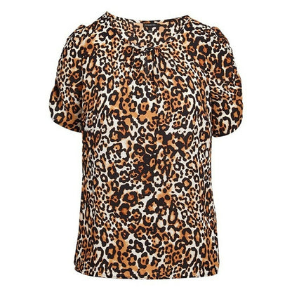 Talbots Blouse Womens Brown Black Leopard Woven Animal Print Notch Neck Size XS