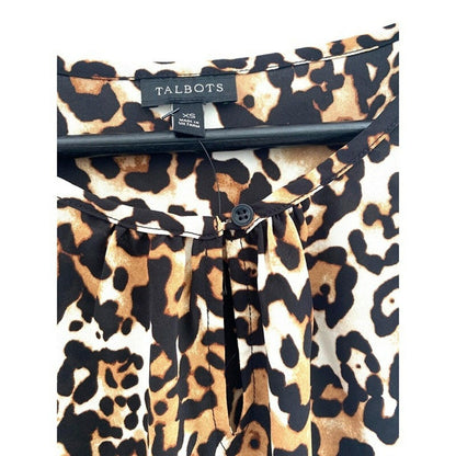 Talbots Blouse Womens Brown Black Leopard Woven Animal Print Notch Neck Size XS