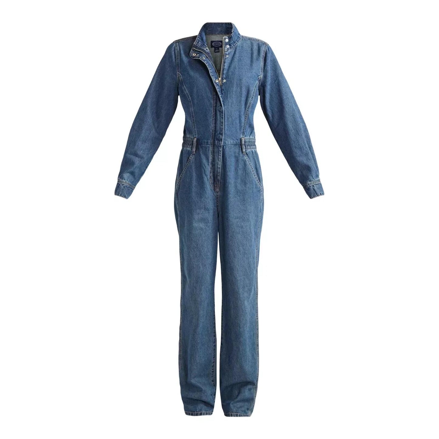 Scoop Womens Denim Jumpsuit Staright Leg Elastic Waist Med Wash Size XS