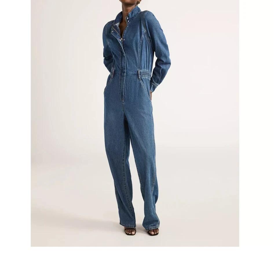 Scoop Womens Denim Jumpsuit Staright Leg Elastic Waist Med Wash Size XS