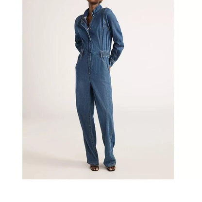 Scoop Womens Denim Jumpsuit Staright Leg Elastic Waist Med Wash Size XS