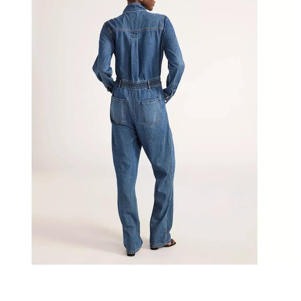 Scoop Womens Denim Jumpsuit Staright Leg Elastic Waist Med Wash Size XS