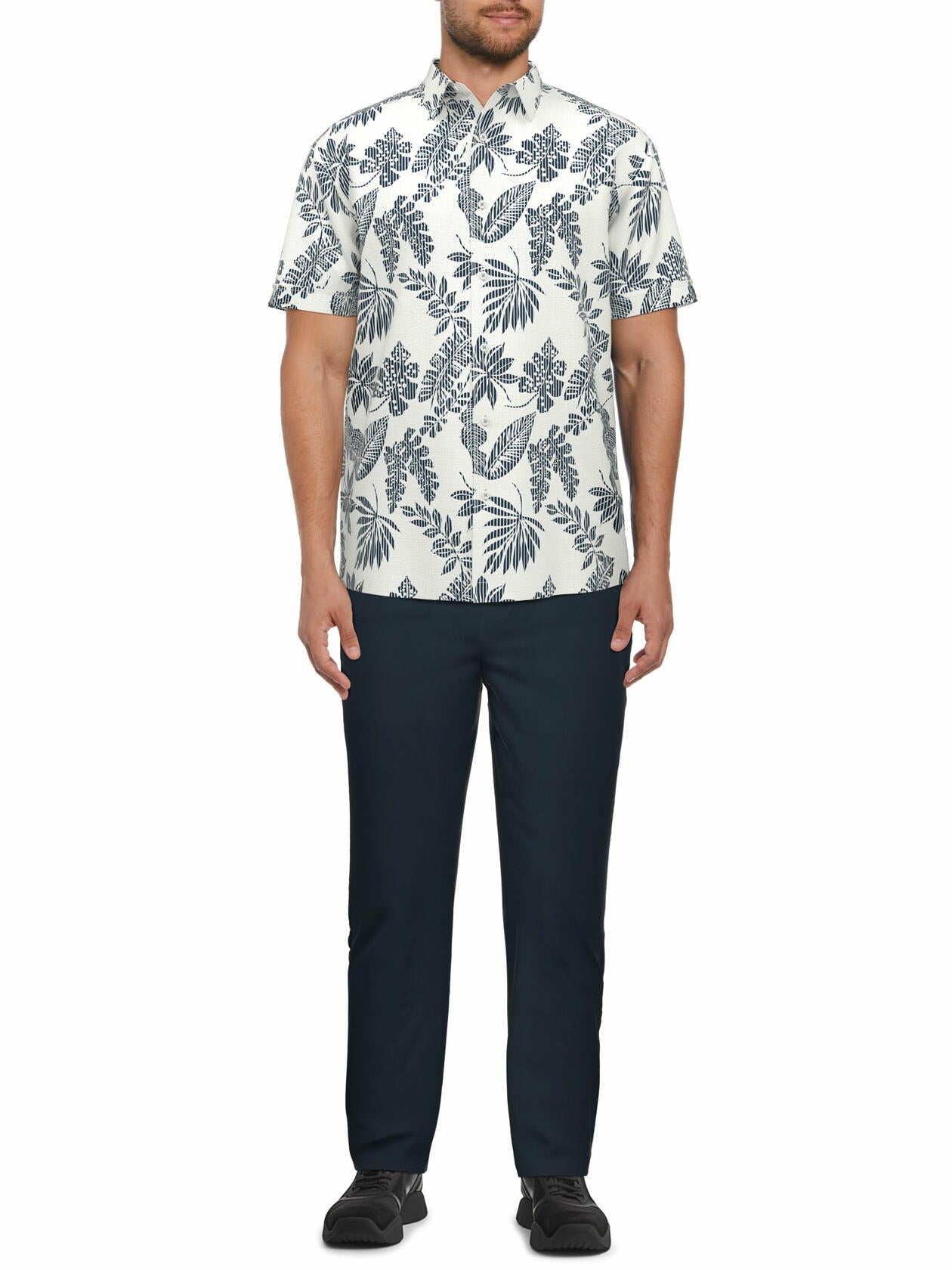 Cafe Luna Mens Striped Tropical Print Short Sleeve Shirt Brilliant White Size M