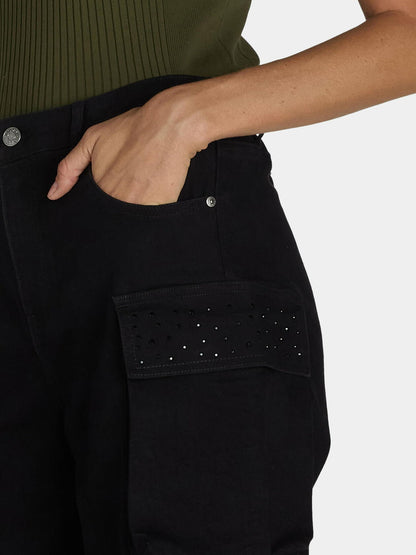 Madden NYC Womens Wide Leg Cargo Jeans with Rhinestone Accents Black Beauty Sz L
