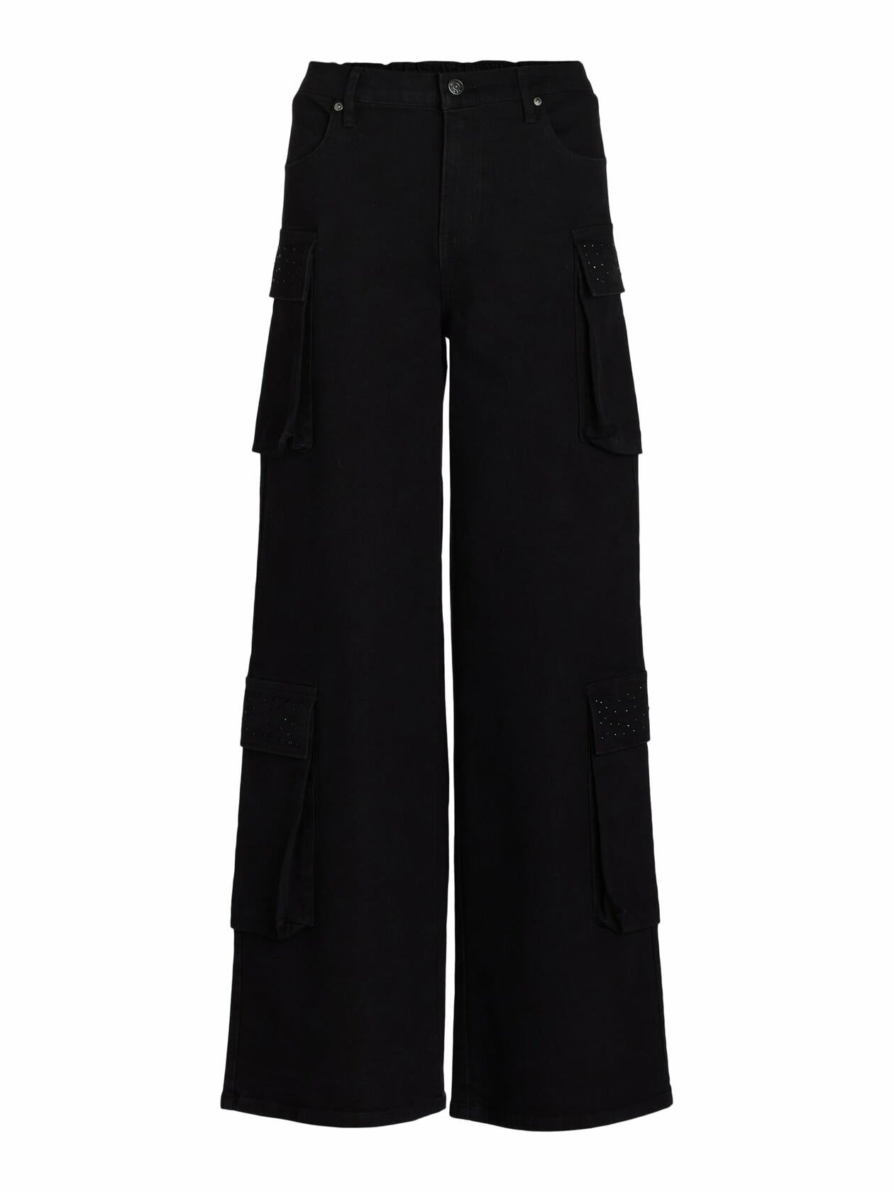 Madden NYC Womens Wide Leg Cargo Jeans with Rhinestone Accents Black Beauty Sz L