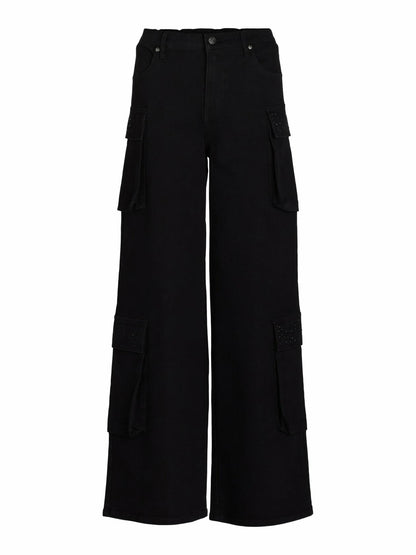 Madden NYC Womens Wide Leg Cargo Jeans with Rhinestone Accents Black Beauty Sz L