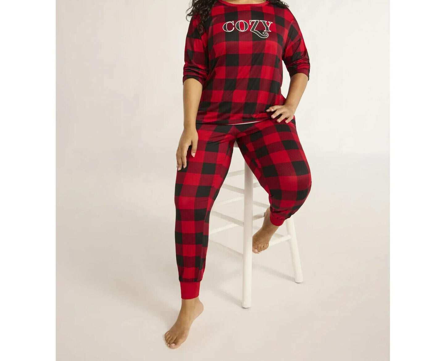 Joyspun Womens Tee & Jogger Pants Pajama Set Red Pepper Buffalo Plaid Sz S (4-6)