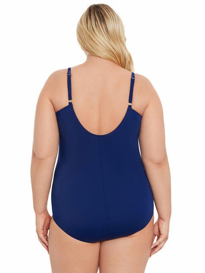 Time and Tru Womens V-Neck Wire Swimsuit Pull-On Sewn Cups Navy Size L (12-14)