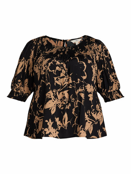 Terra & Sky Womens Plus Smocked Blouse Black Floral Size 1X