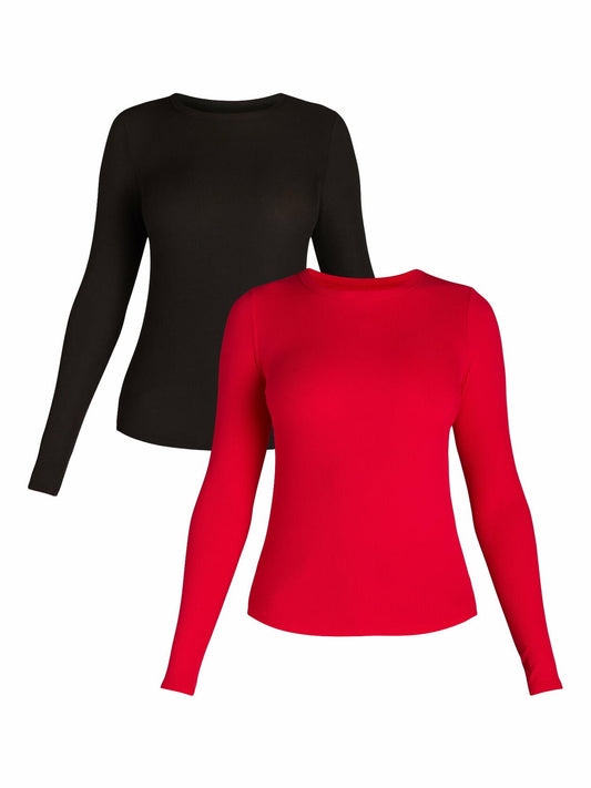 No Boundaries Ribbed Crewneck Tee 2-Pack Womens Brilliant Red/Black Soot Size S