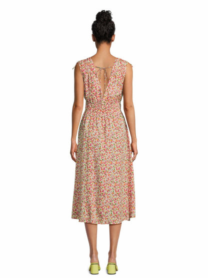 Time and Tru Womens V Neck Smocked Midi Dress Ditsy Blush Size M