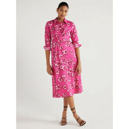 Scoop Midi Shirtdress Womens Size XL (16-18) Pink Tossed Floral Side Knot