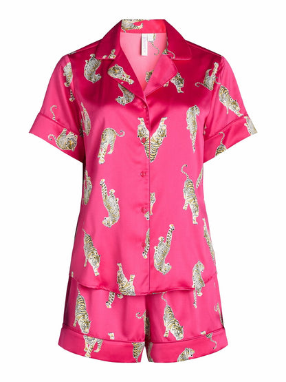 Joyspun Womens Stretch Satin Shortie Pajama Set 2-Pcs Fuchsia Burst/Tigers Sz L