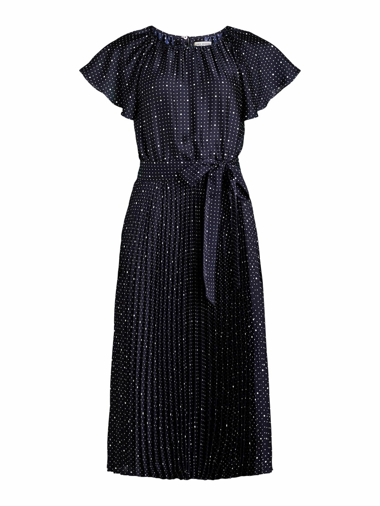 Free Assembly Womens Pleated Midi Dress Flutter Sleeves Darkest Navy Dot Size XS