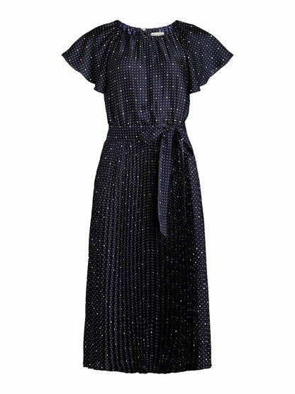 Free Assembly Womens Pleated Midi Dress Flutter Sleeves Darkest Navy Dot Size XS