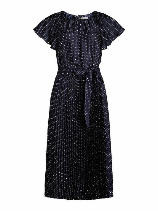 Free Assembly Womens Pleated Midi Dress Flutter Sleeves Darkest Navy Dot Size XS