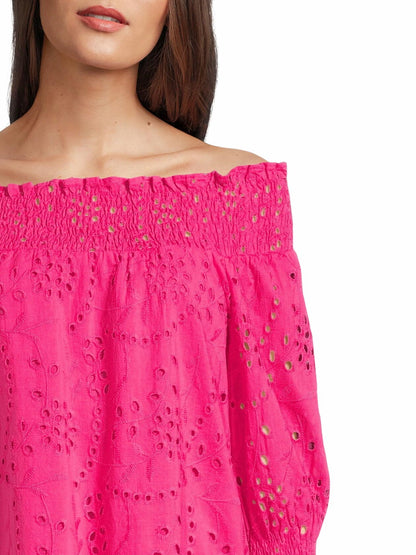 The Pioneer Woman Cotton Off the Shoulder Smocked Eyelet Blouse Beetroot Size M